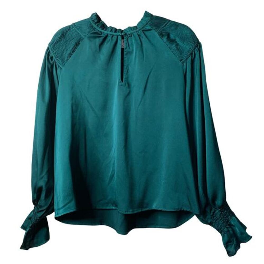 THML‎ Blouse Satin Ruffled Neckline Gathered Shoulder Oversized Long Sleeve NWT